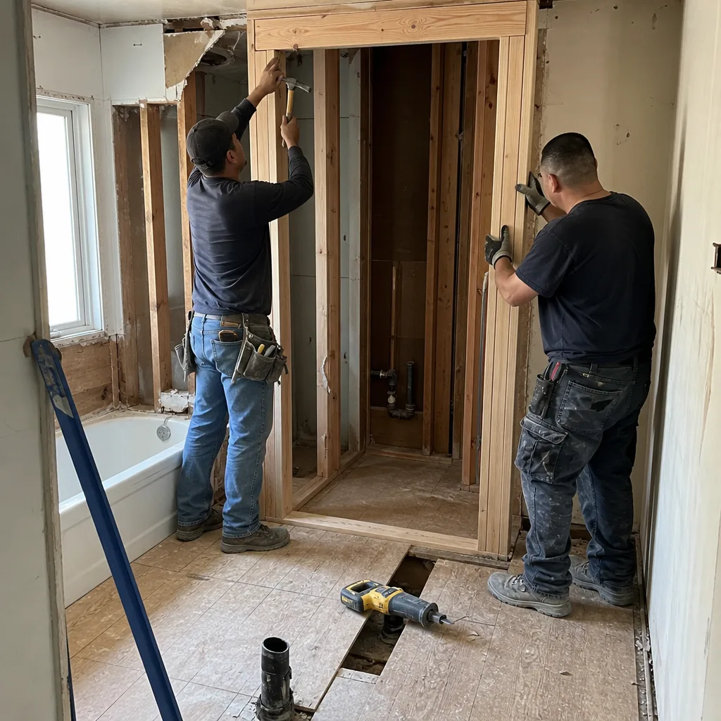 Two professional contractors installing a new wooden door frame in a bathroom.