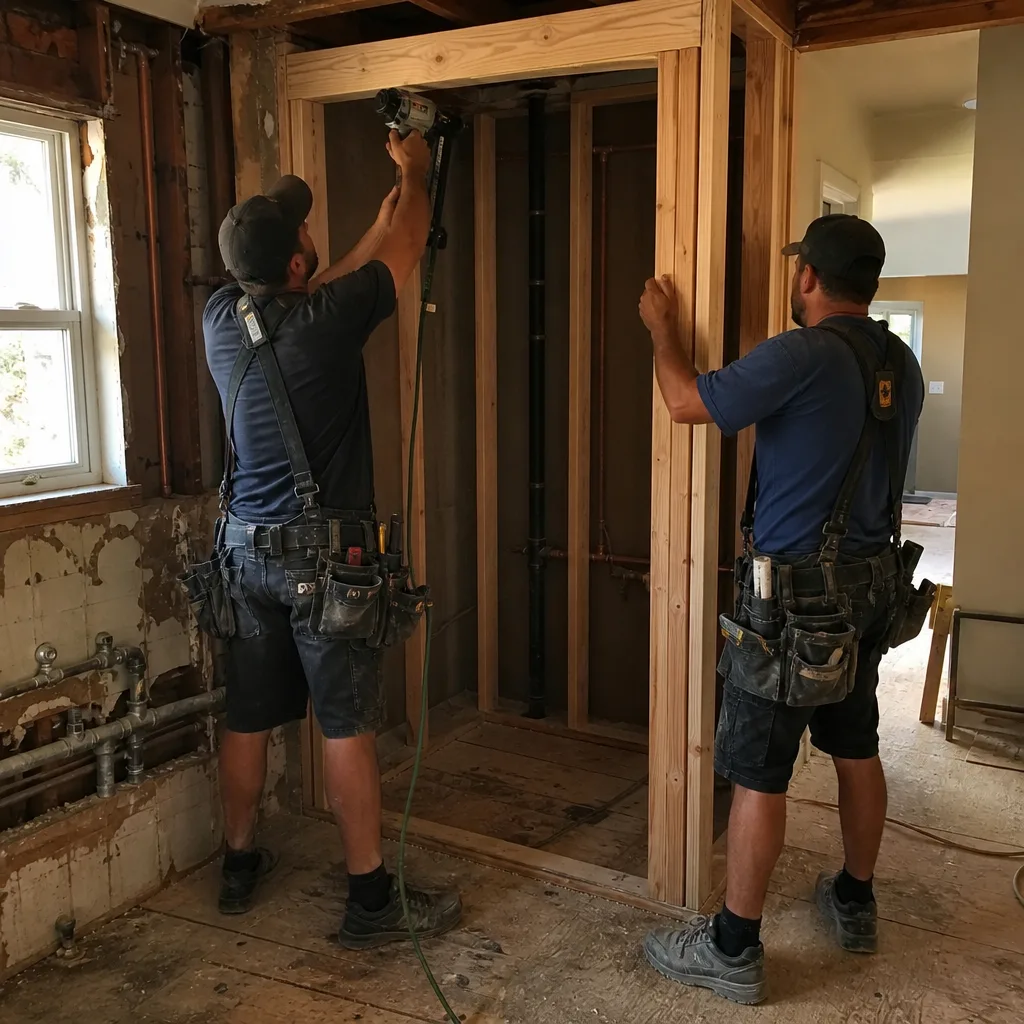 Two contractors framing a shower enclosure during a bathroom renovation project.