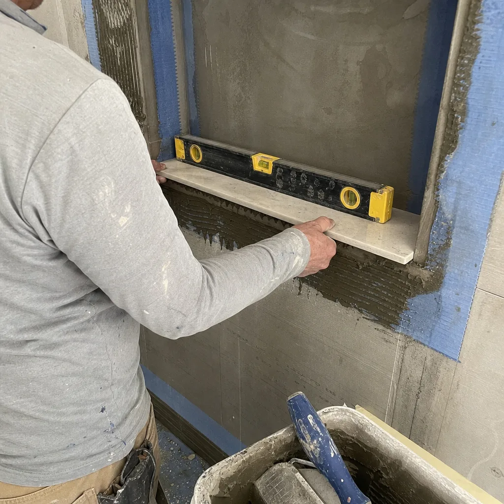 Professional contractor installing a bathroom shower niche shelf with a level
