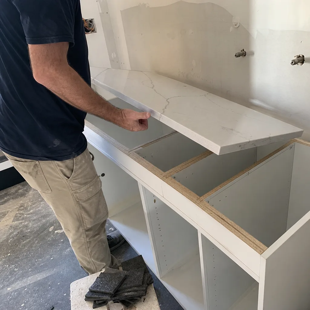 Contractor installing quartz countertop on white kitchen cabinets during home remodel