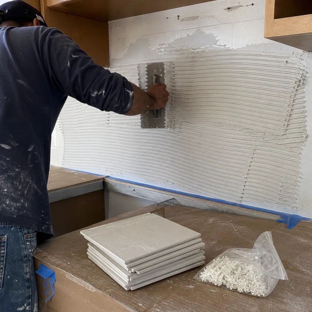Professional contractor applying mortar to a kitchen wall for tile installation