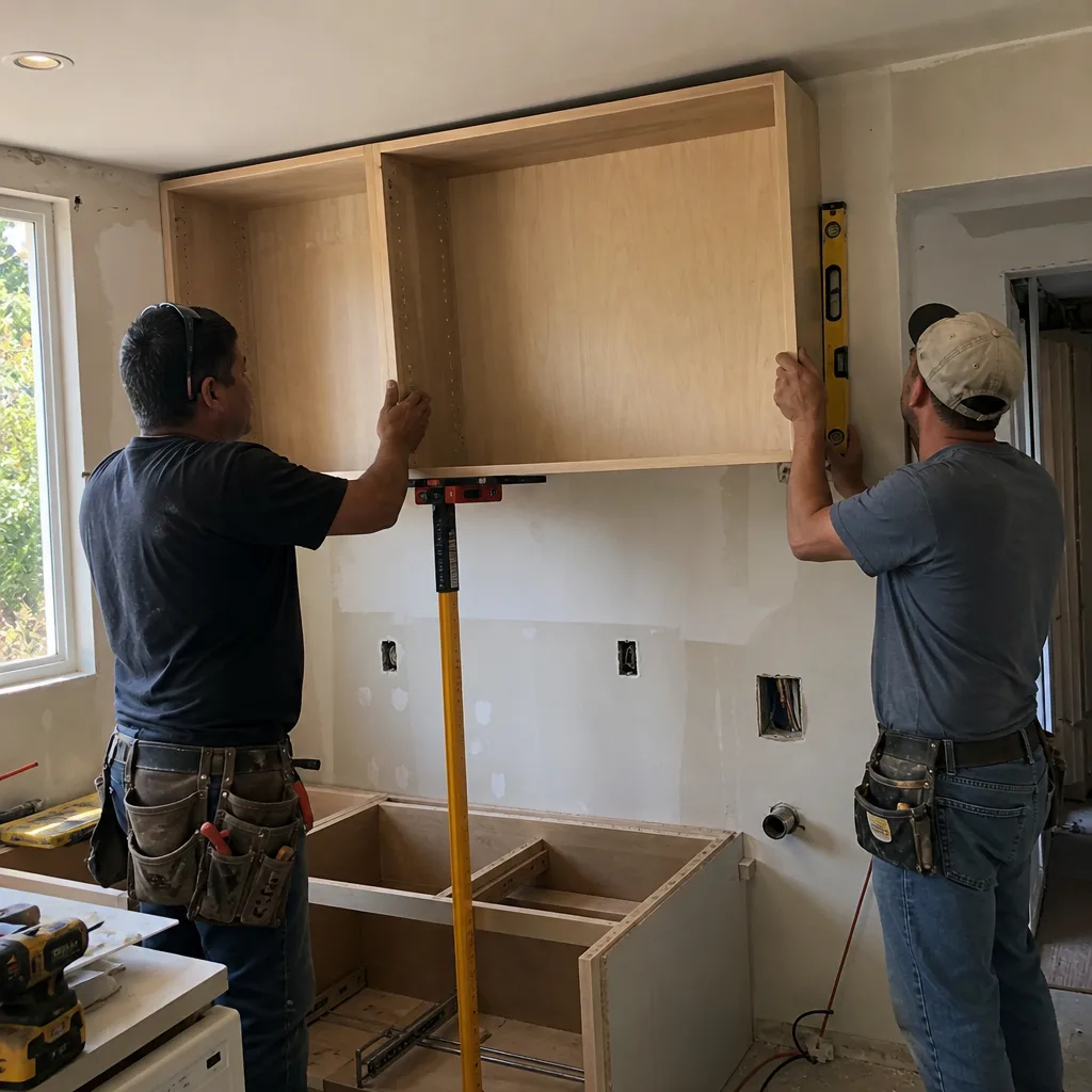 Two construction workers installing wooden kitchen cabinets on a job site