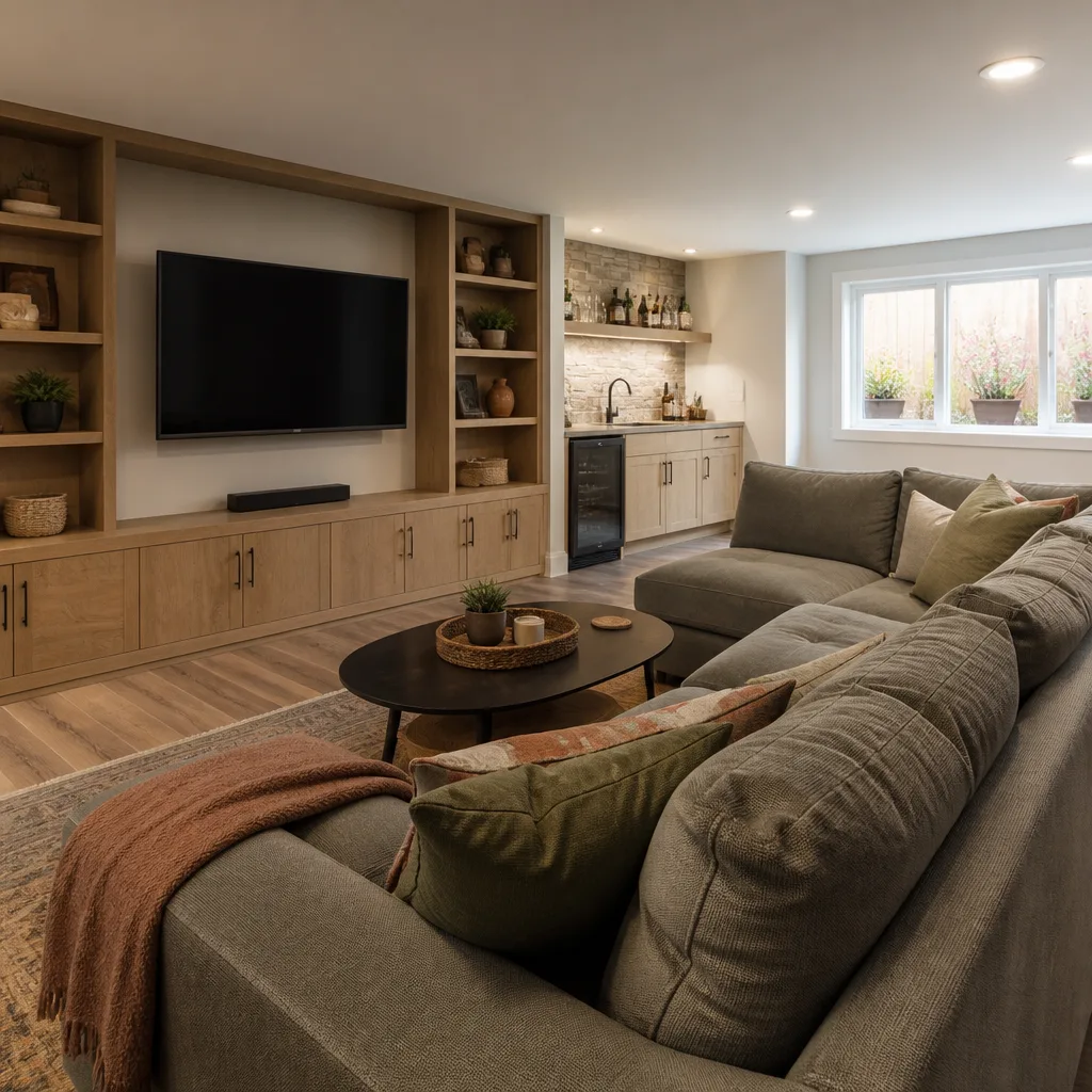 A finished basement family room with a media wall and wet bar